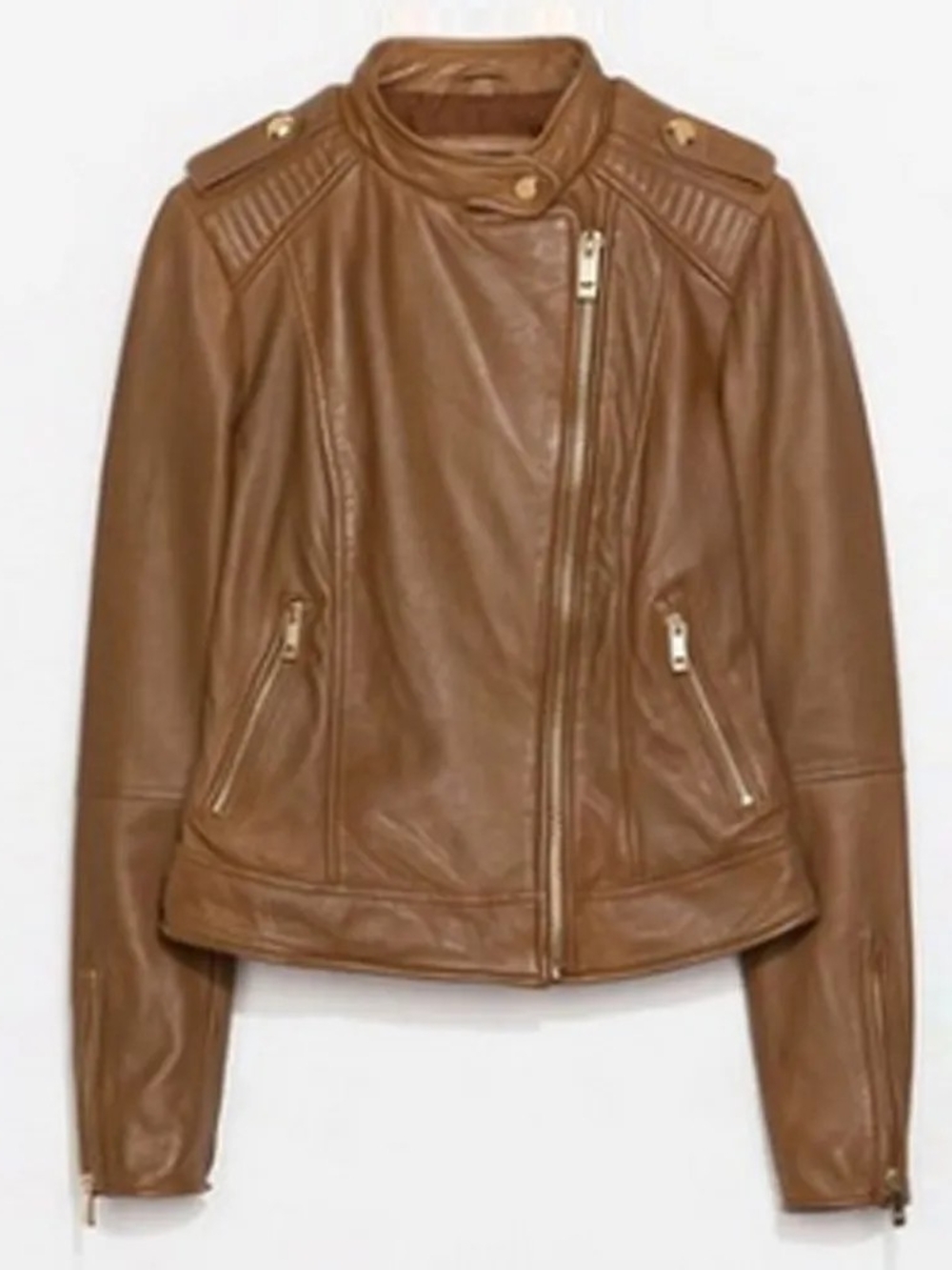 Zara Tan Leather Moto Jacket with Gold Hardware